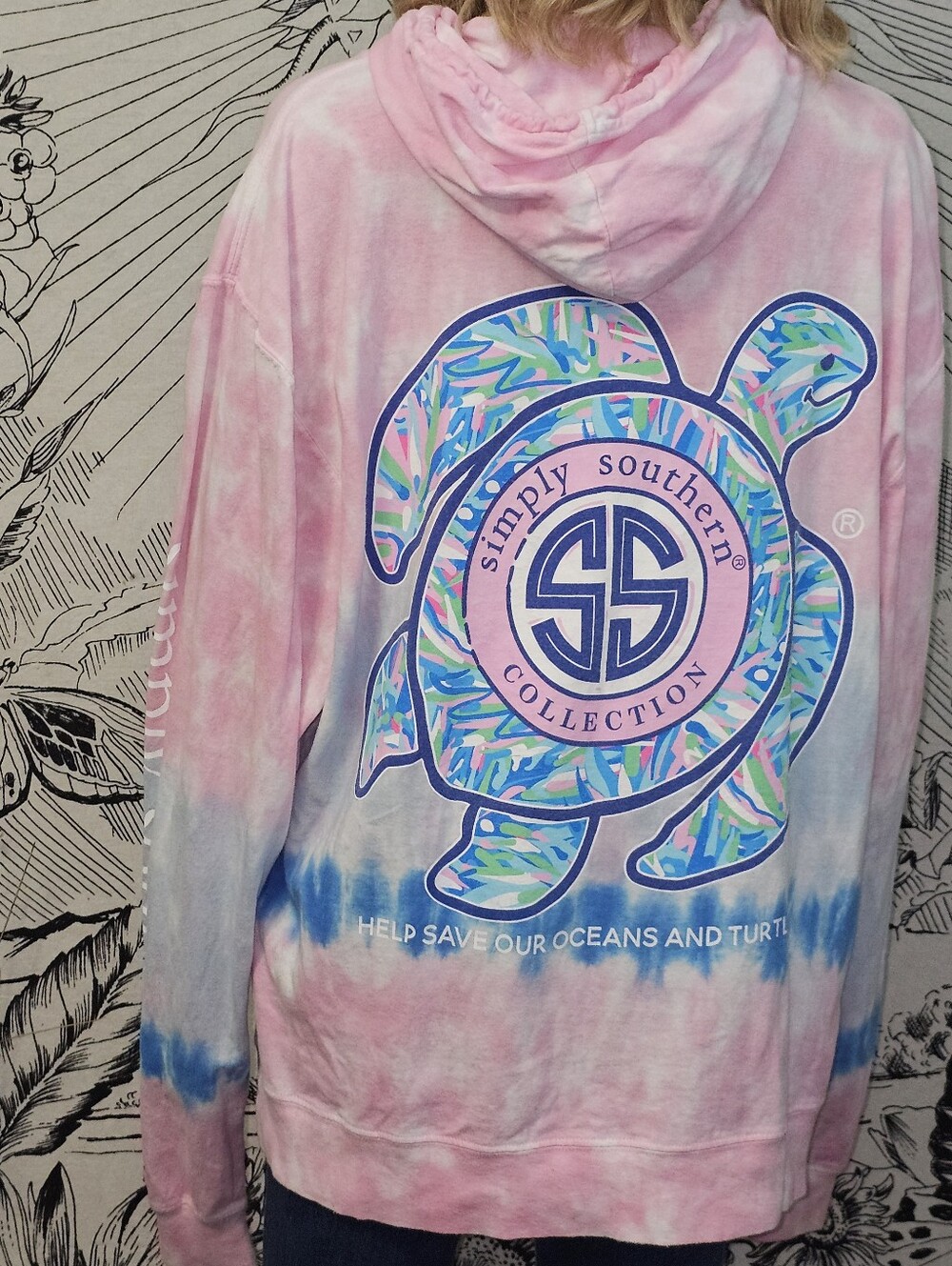 Simply Southern Pink and Blue Tie-Dye Turtle Pullover Hoodie XL - Picture 1 of 8